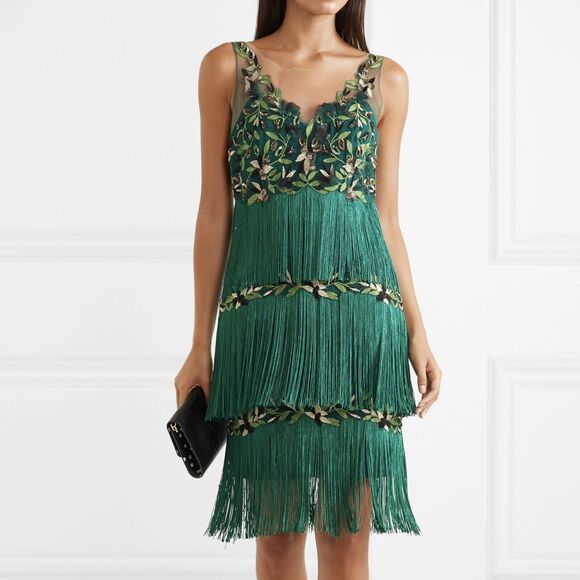 Marchesa Notte Fringe Gown Dress Green Embroidery Lace Size 0 - Picture 1 of 16